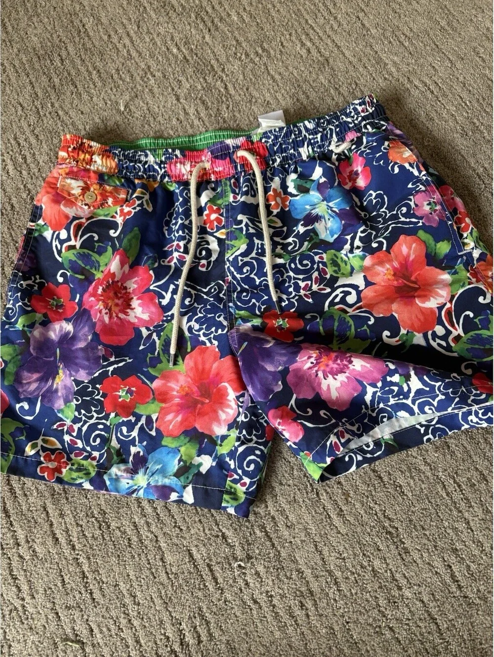 Polo Ralph Lauren Mens Navy Floral Polo Bear Aloha Swim Trunks Shorts Size L